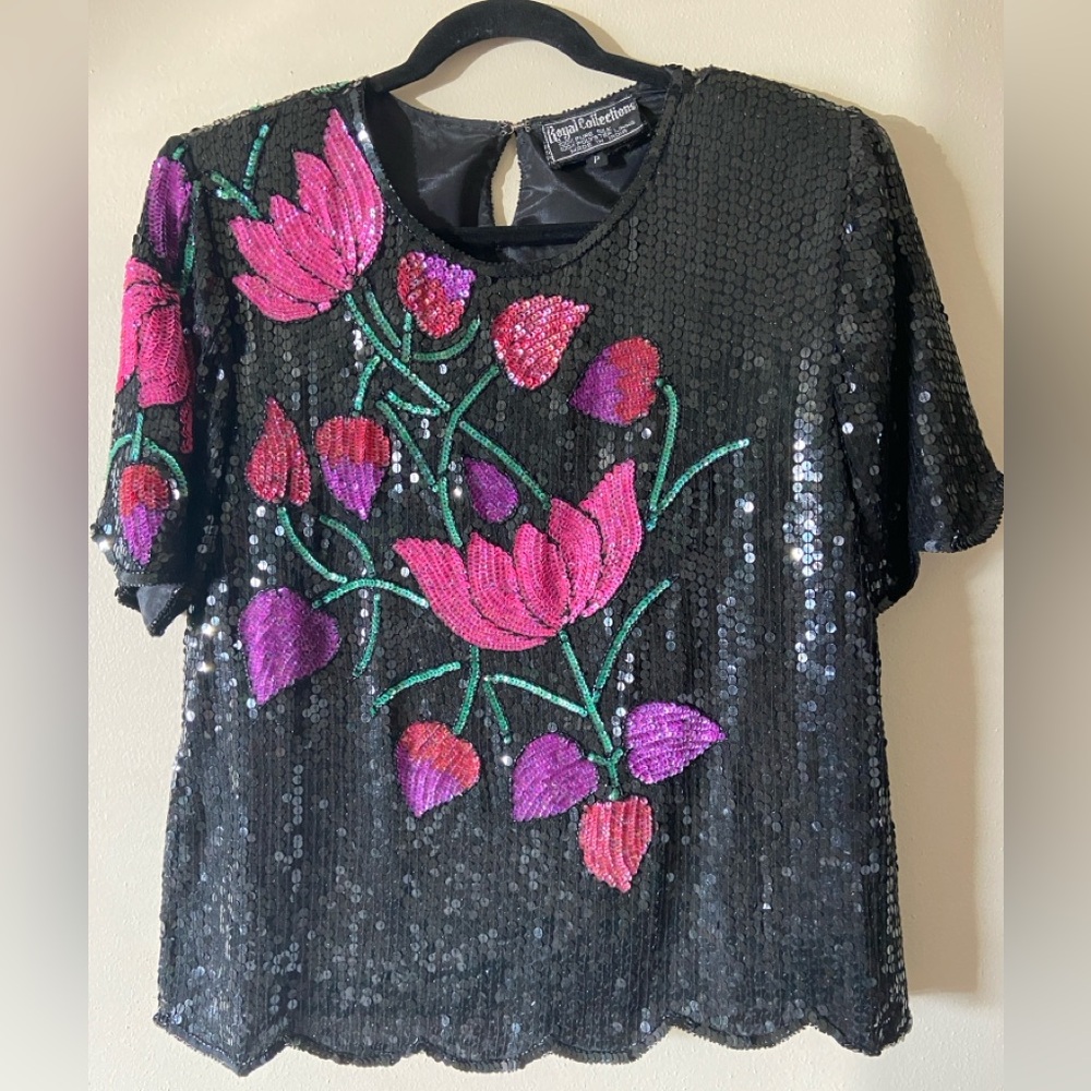 Vintage Royal Collections Sequin Floral Black Top